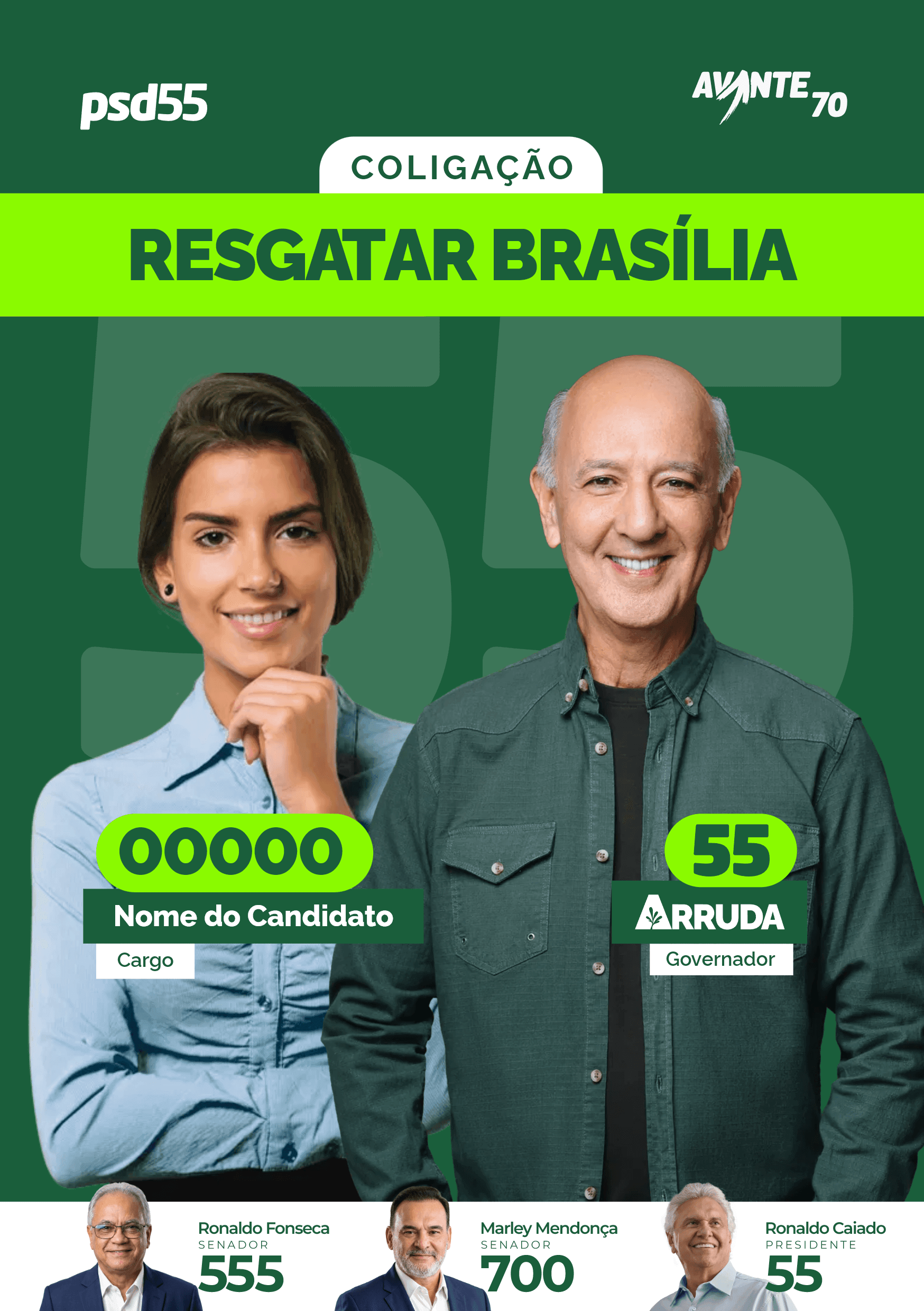 Prévia da frente personalizável do panfleto do Arruda, com foto, número e nome do candidato
